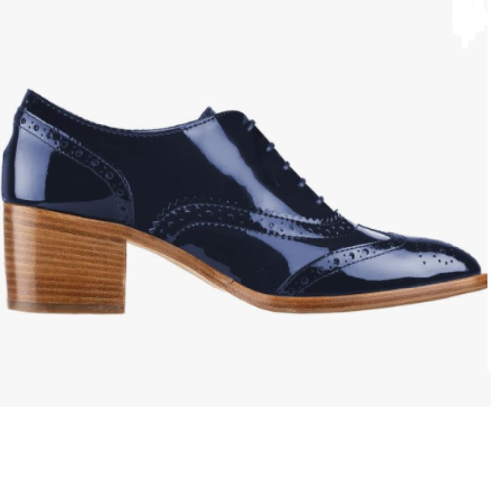 FOWT Navy Women's Perforated Lace-Up Oxfords Almond Toe Mid Chunky Heel Shoes